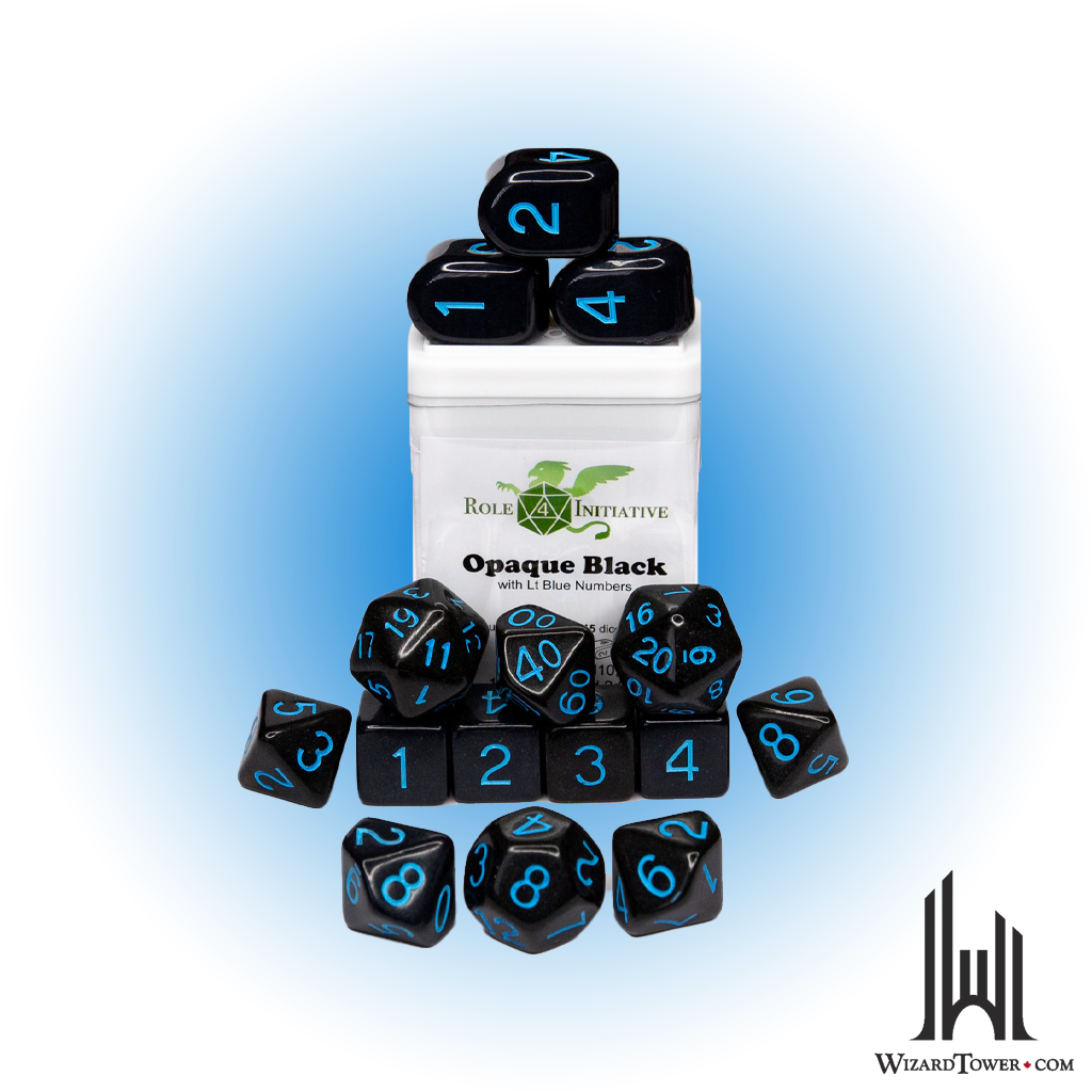 SET OF 15 DICE: OPAQUE BLACK/LIGHT BLUE